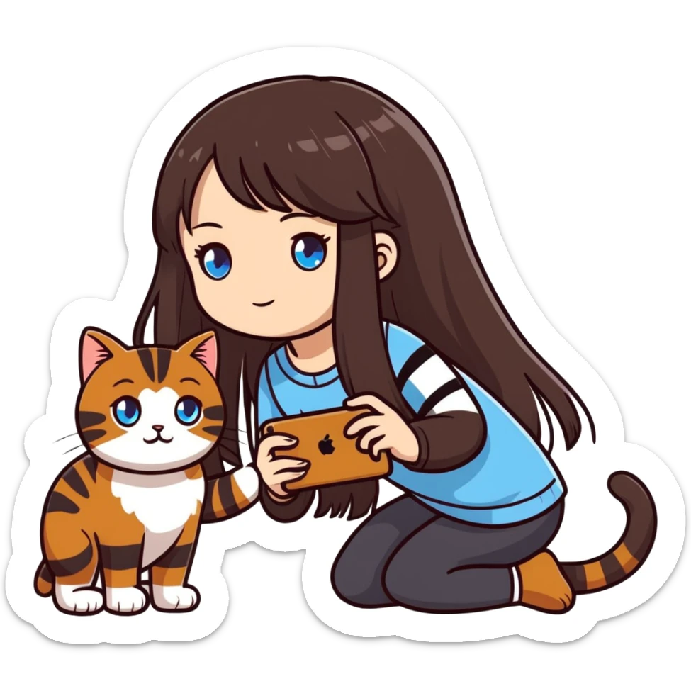 Girl with black long hair and blue eyes takes a picture of a brown striped cat by iPhone  sticker