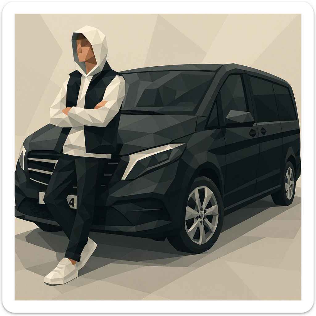 stylish male character wearing white sneakers, black pants, clean white hoodie with black vest, hood up, standing casually and leaning on a black 2024 Mercedes-Benz V-Class Extra Long 300 d, modern illustration style sticker