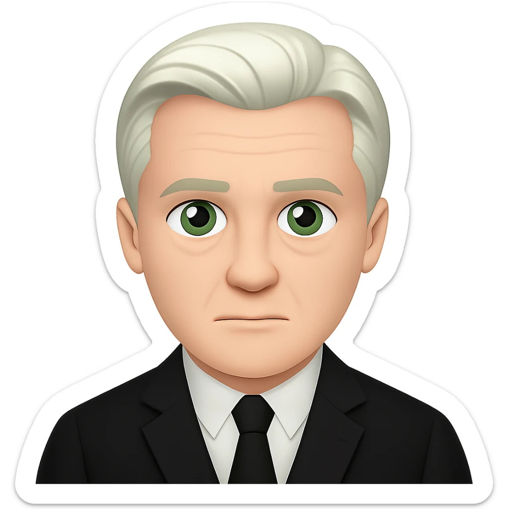 Create an emoji style image of Draco Malfoy at 50 years old, wearing a black suit. Keep the background transparent. The style should resemble classic emoji aesthetics with clear, simple features and vibrant colors. sticker