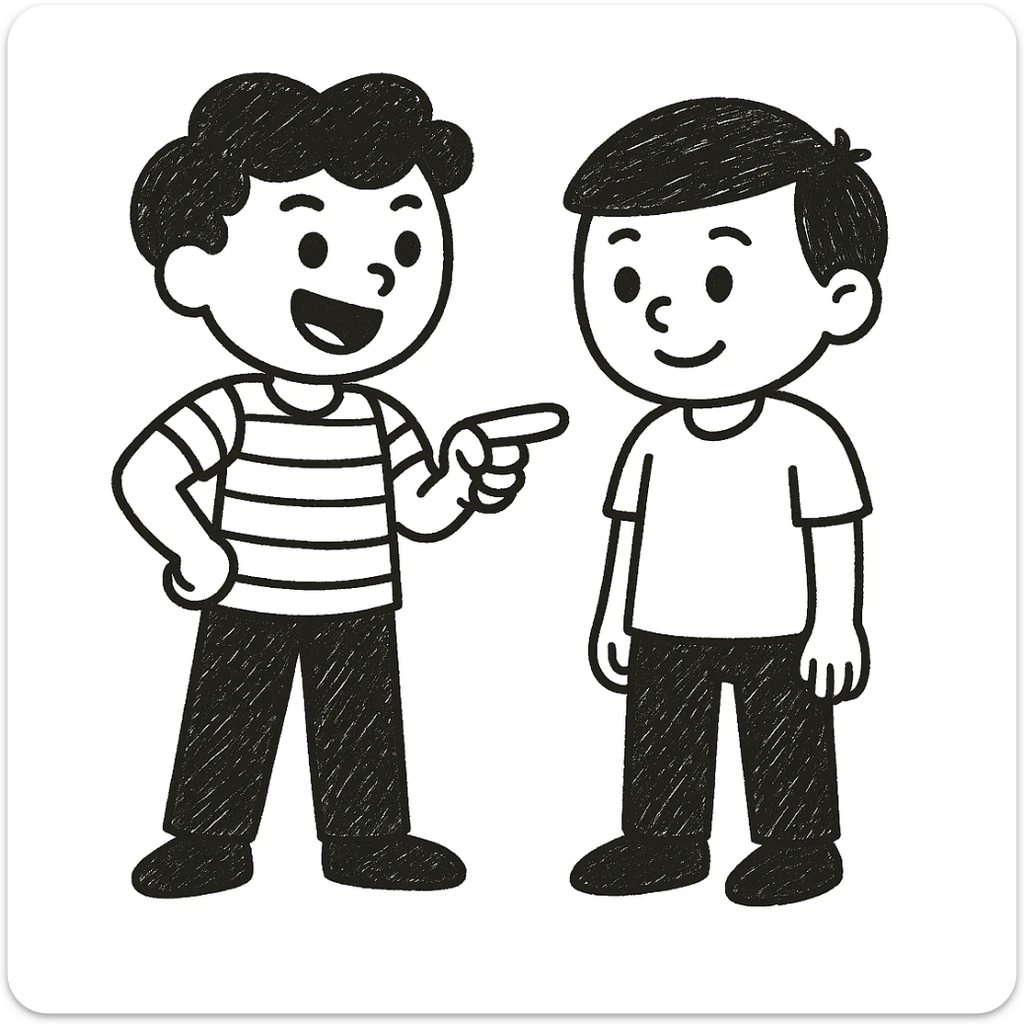 Edit the image of the little boy with left hand on his hip to now have him pointing at another boy next to him. Keep the doodle style and character details the same as the original. sticker