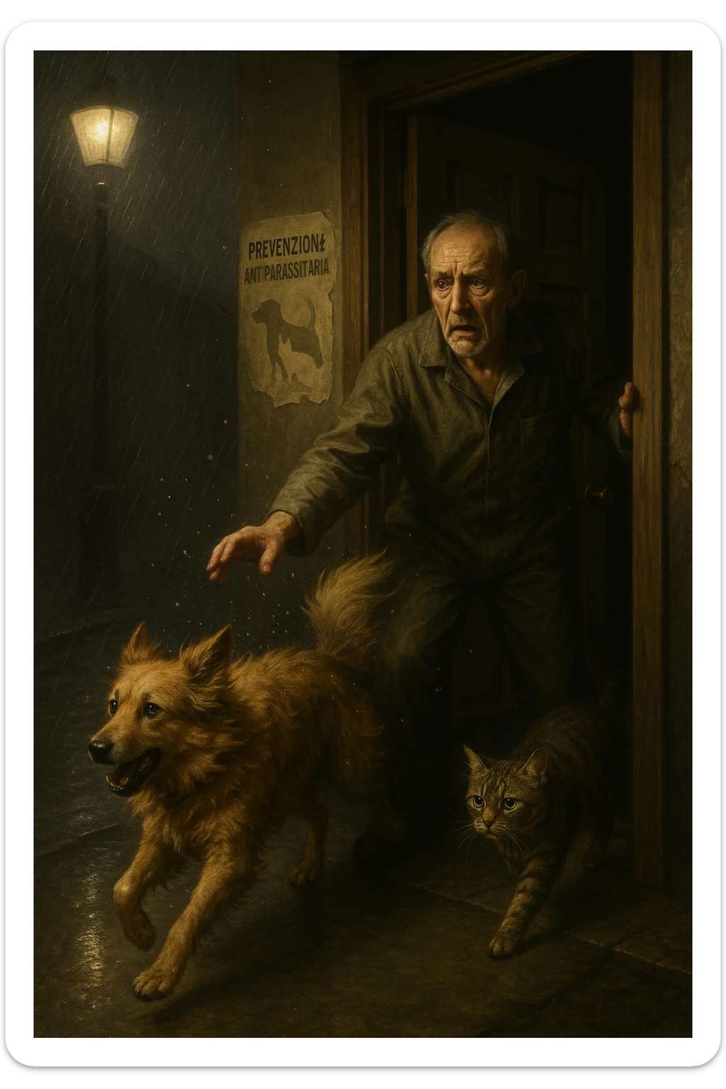 Un uomo anziano in tuta da lavoro, con espressione angosciata, tiene aperta la porta di casa mentre il suo cane (un meticcio a pelo lungo) e il gatto (soriano) scappano nella strada buia sotto la pioggia. Particelle di polvere/pulci fluttuano nell'aria illuminata dal lampione. Sullo sfondo, un poster strappato del veterinario con scritto 'Prevenzione antiparassitaria'. Stile fotorealistico, illuminazione Caravaggesca, toni grigi e ocra. in italiano sticker