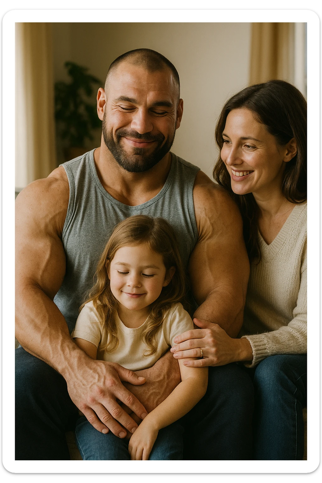 realistic vertical scene of a smiling and serene bodybuilder with family, cozy and warm environment, 2:3 aspect ratio sticker