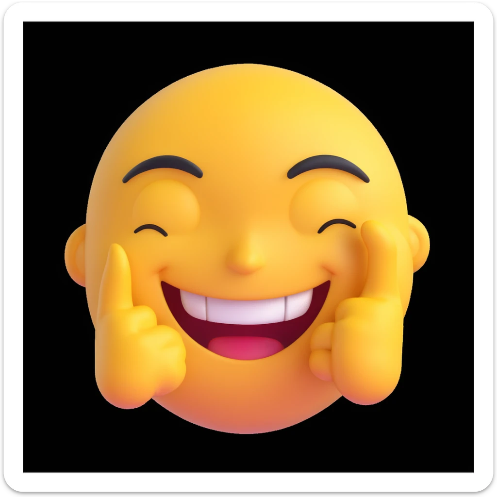 A smug-looking emoji with a wide, crooked grin and half-closed eyes, giving a cocky vibe, whilst mewing with his white hand pointing at his sharp jawline, showcasing a "sigma" look. sticker