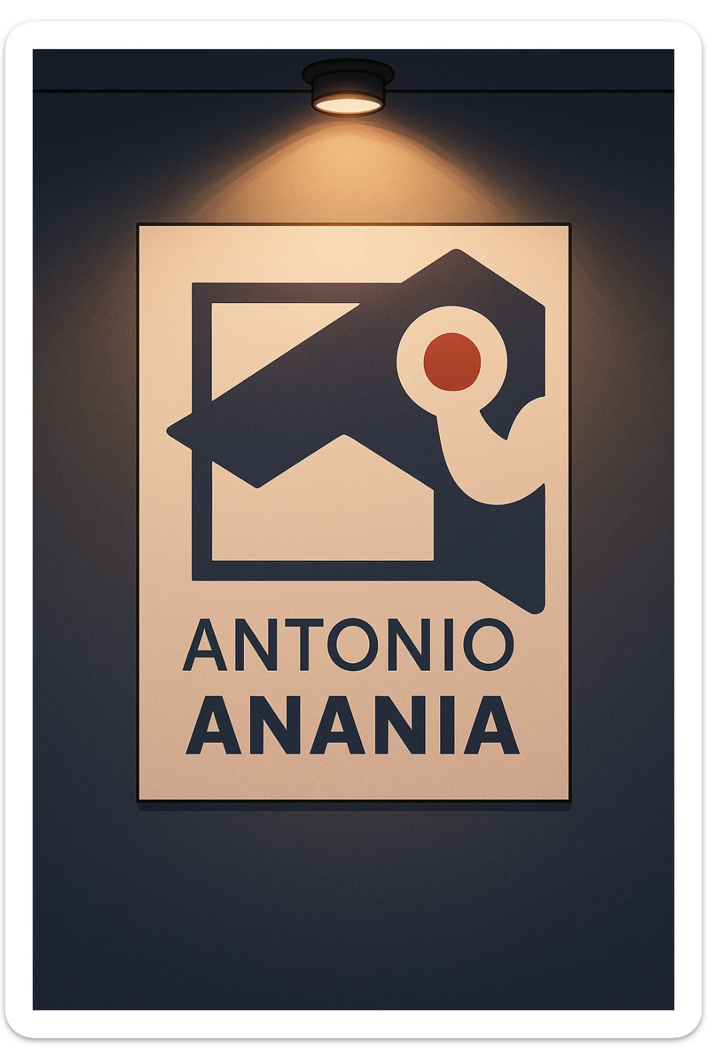 su questo stile fai un manga/webtoon a colori in cui mostri quella parete dietro dello studio con il suo logo e la scritta "ANTONIO ANANIA" SOTTO IL LOGO, LUCE CHE ILLUMINA IL LOGO sticker