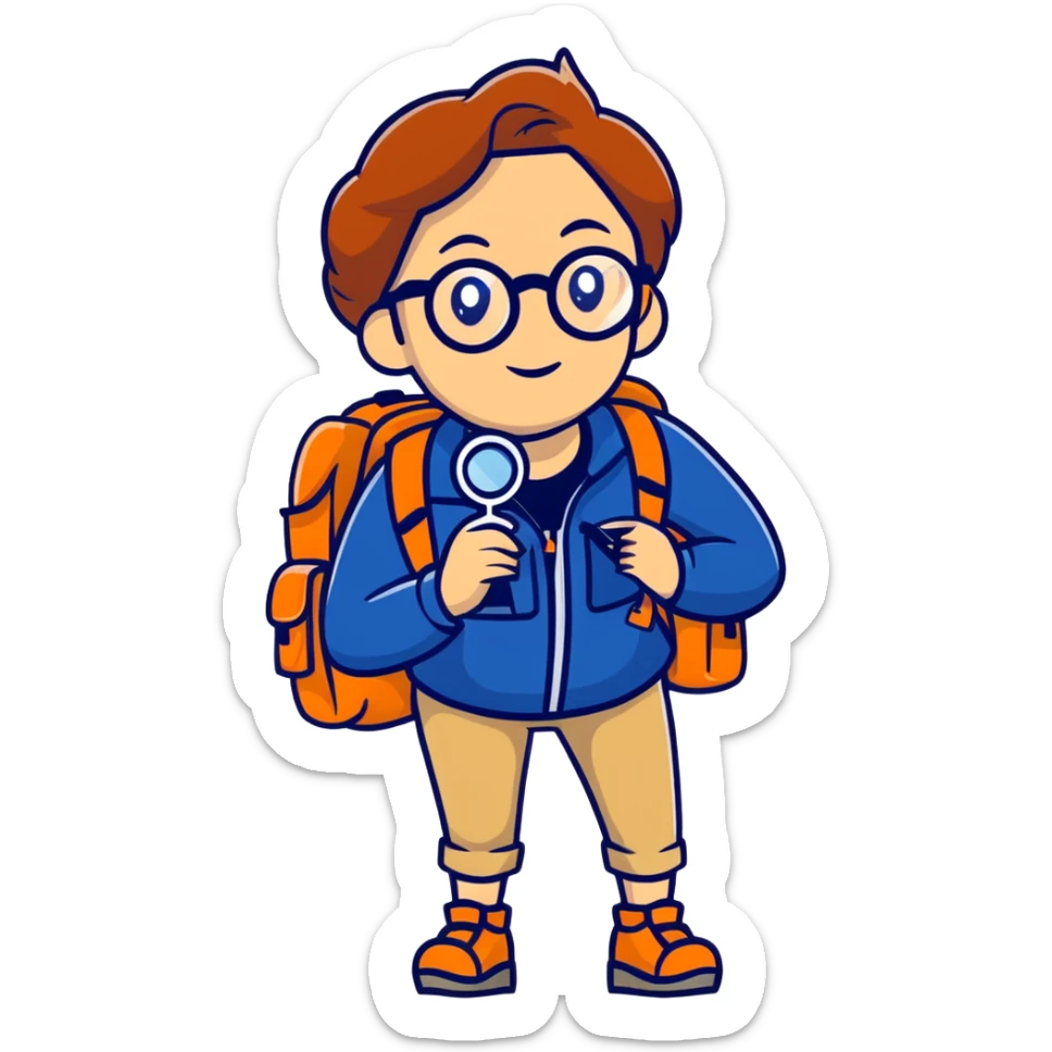 Colorful woman explorer in her 40s with glasses, dark blue and white hiking clothes, backpack, holding magnifying glass sticker