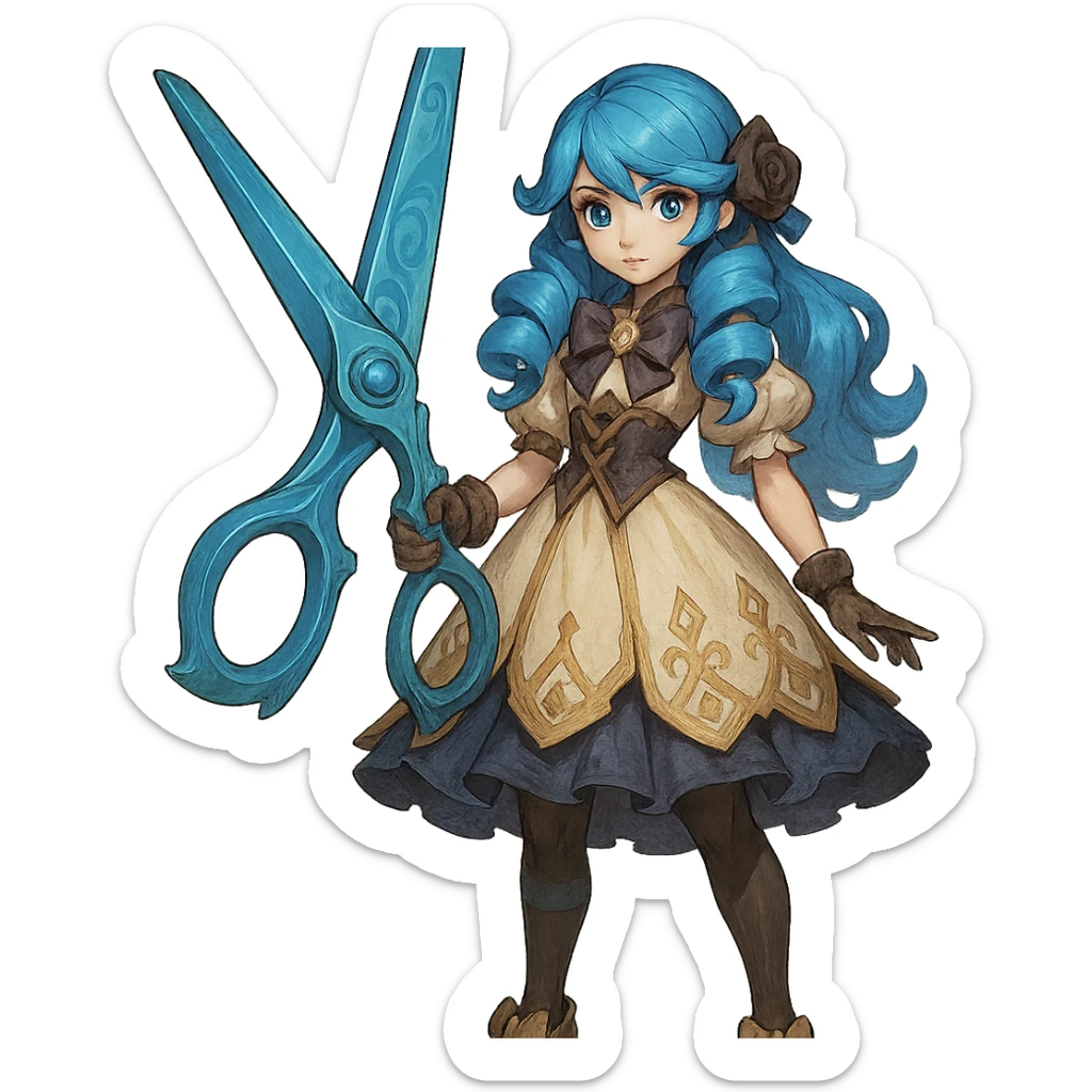 full body Gwen from League of Legends holding her giant scissors, vibrant blue hair, doll-like features, detailed fantasy costume, fantasy style sticker
