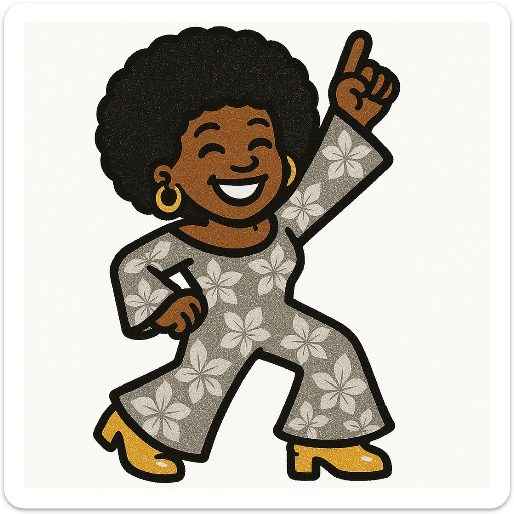 Create a 1970s disco emoji of a female African American in a dance pose with one arm raised, afro hairstyle, joyful expression, and a 70s jumpsuit using only gold, silver, black, and white colors. The style is vibrant and pop colors icon style. sticker
