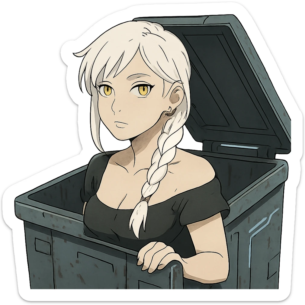 she is poking out from a garbage dumpster, a closeup portrait of young woman with gold yellow eyes, white hair, long braid, black off-shoulder top d-cup, punk gothic style, futuristic cyberwave cyberpunk, sticker