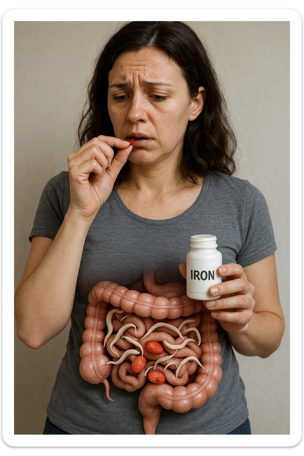 donna con parassiti intestinali che prende integratore di ferro, ma lo mangiano i suoi parassiti. Immagini realistiche sticker