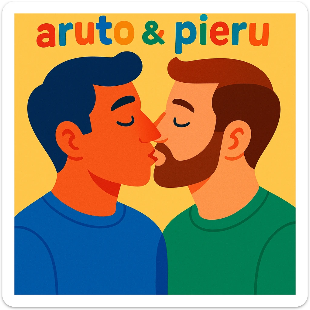 a gay couple kissing, with 'aruto & pieru' written above, in a vibrant, modern illustration style sticker