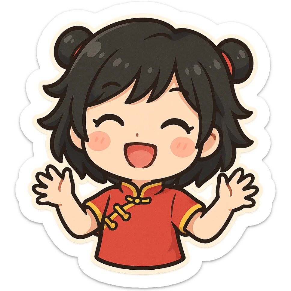 Chinese girl, black layered hair, vibrant and cute, cartoon style, cheerful mood sticker