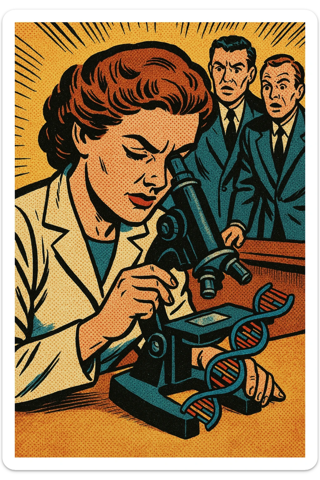 A 1950s female scientist making a DNA discovery using a microscope with other male scientists watching sticker