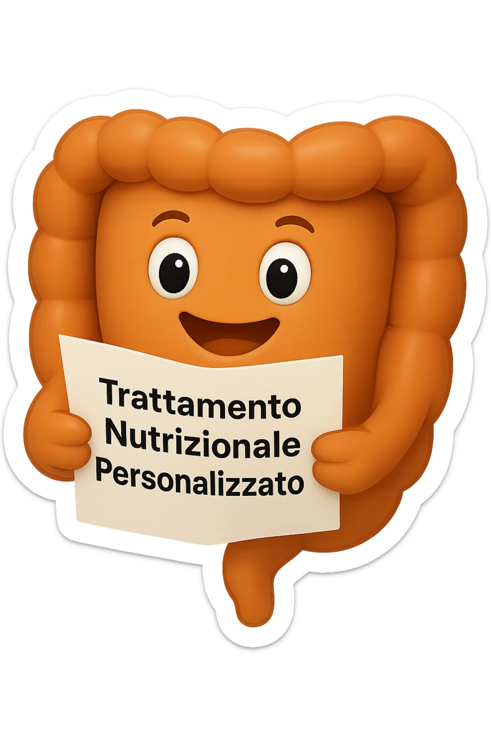 emoji stile iphone di un intestino realistico felice che legge un foglio con la scritta "trattamento nutrizionale personalizzato", non fargli il naso, iperrealistico 4k sticker