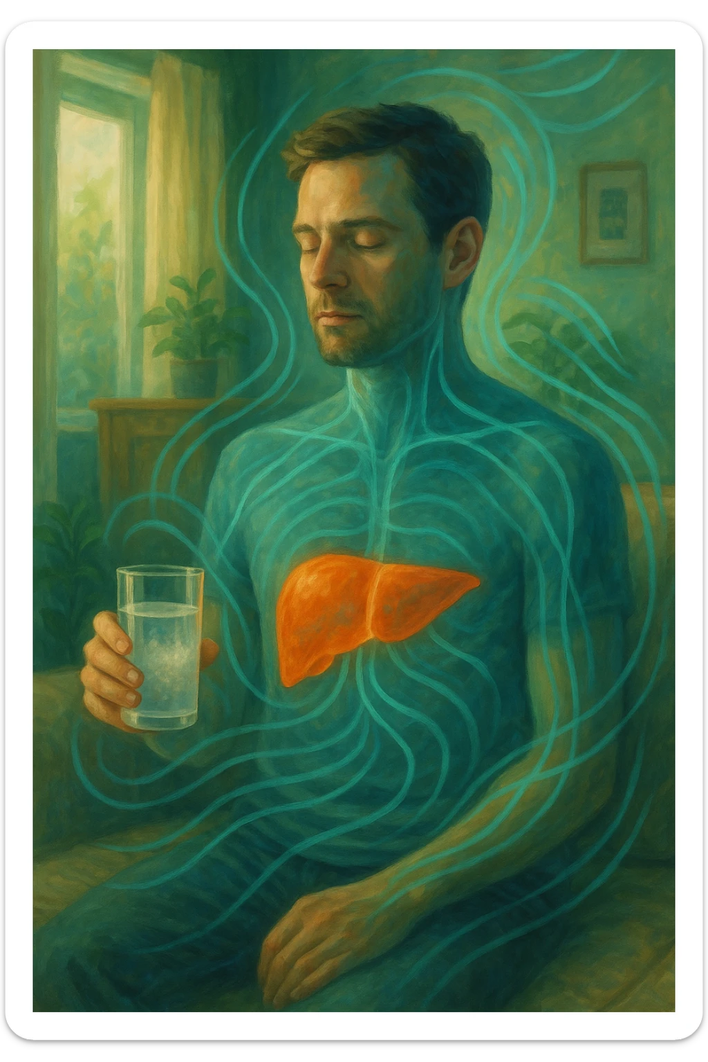 A man in a calm domestic environment, sitting with a transparent bottle or glass in hand containing an Epsom salt solution. He has a focused and aware expression. His body is partially transparent, with the liver highlighted brightly as if in a cleansing phase. Around the body, fluid energetic lines symbolize detoxification. The atmosphere is relaxed and natural, with warm light and green and blue tones representing health and purification. sticker