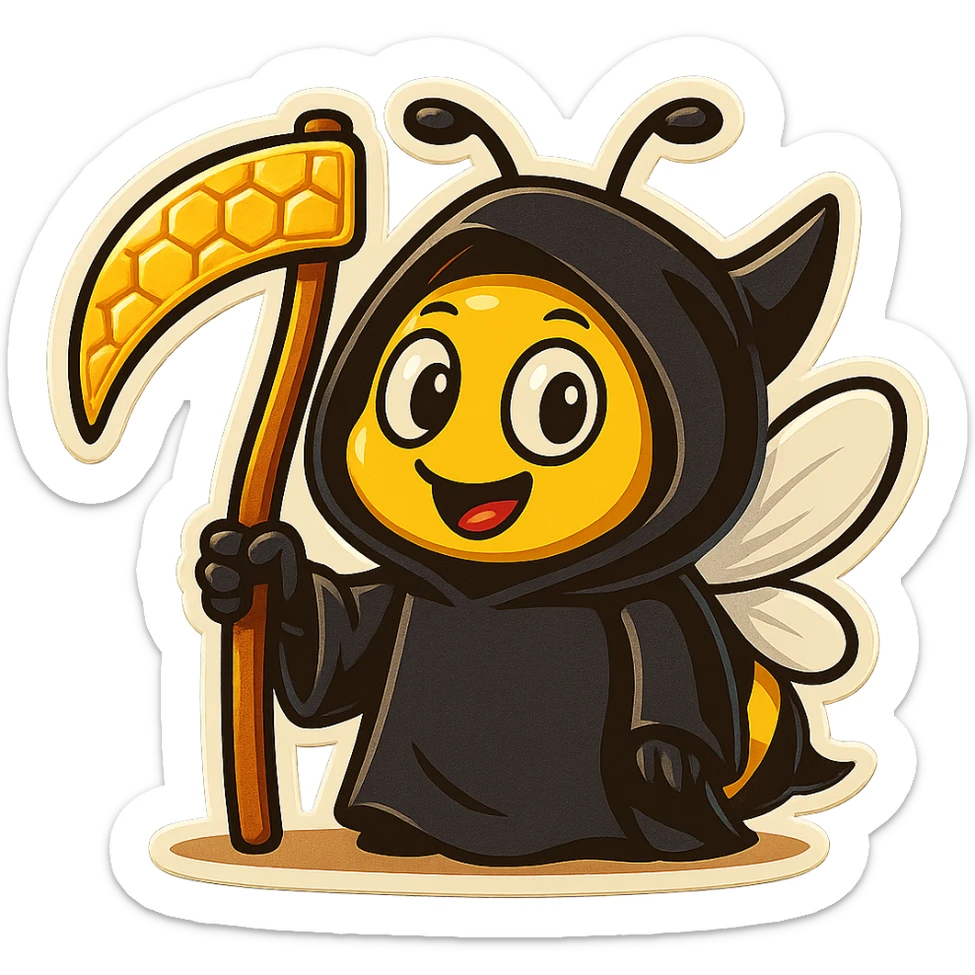 Make the scythe look like it's made of honeycomb for this friendly cartoon bee grim reaper in retro stickers style. sticker