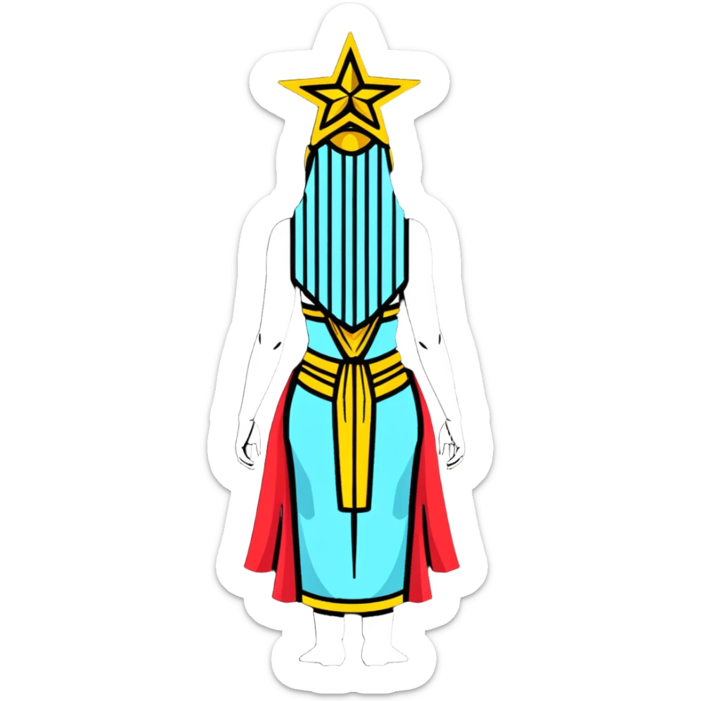 back view of Anunnaki goddess Inanna with detailed ceremonial robes and star symbols sticker