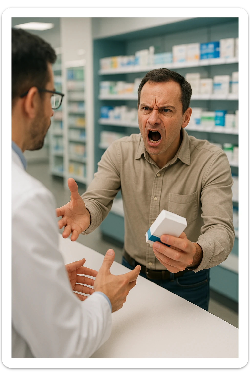 Cinematic Frustrated man at pharmacy counter demanding immediate pain relief medication, expression of impatience wanting instant symptom elimination, ignoring pharmacist's questions about underlying causes, grabbing prescription bottle eagerly, symptom suppression taking priority over healing, modern medicine aisle promising quick fixes for complex health problems" in italiano sticker