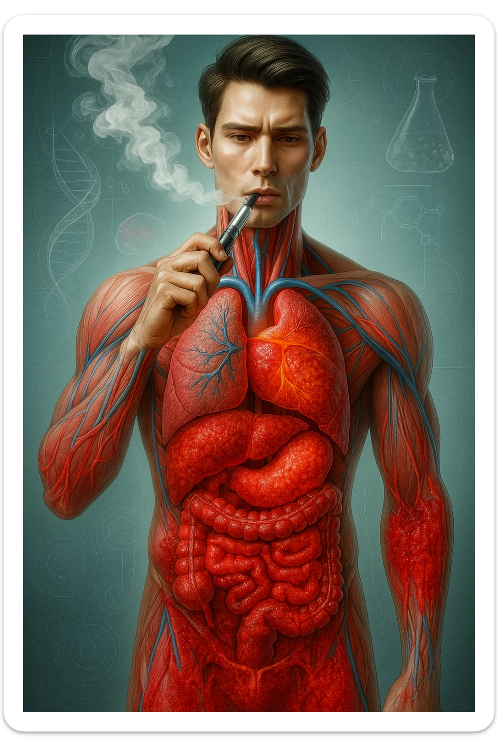 A medical illustration of a realistic human body with inflamed liver and intestine in evidence, while smoking an electronic cigarette, hyperrealistic, identical style to the reference image, vertical 9:16 format. sticker