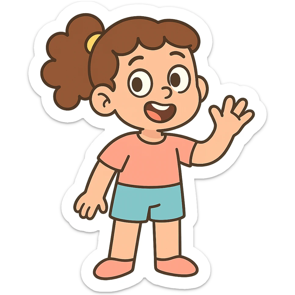 girl with brown curly hair in a ponytail, brown eyes, brown hair, pastel toon style sticker