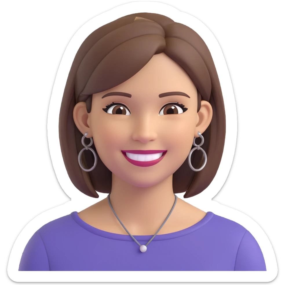 detailed emoji focusing on the face of a smiling woman with straight brown hair and highlights, hoop earrings, clean and classic style, no extra accessories sticker