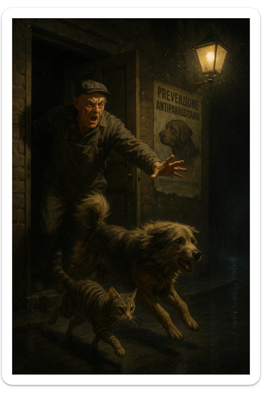 Un uomo anziano in tuta da lavoro, con espressione arrabbiata, butta fuori i suoi animali con aperta la porta di casa mentre il suo cane (un meticcio a pelo lungo) e il gatto (soriano) scappano nella strada buia sotto la pioggia. Particelle di polvere/pulci fluttuano nell'aria illuminata dal lampione. Sullo sfondo, un poster strappato del veterinario con scritto 'Prevenzione antiparassitaria'. Stile fotorealistico, illuminazione Caravaggesca, toni grigi e ocra. in italiano sticker