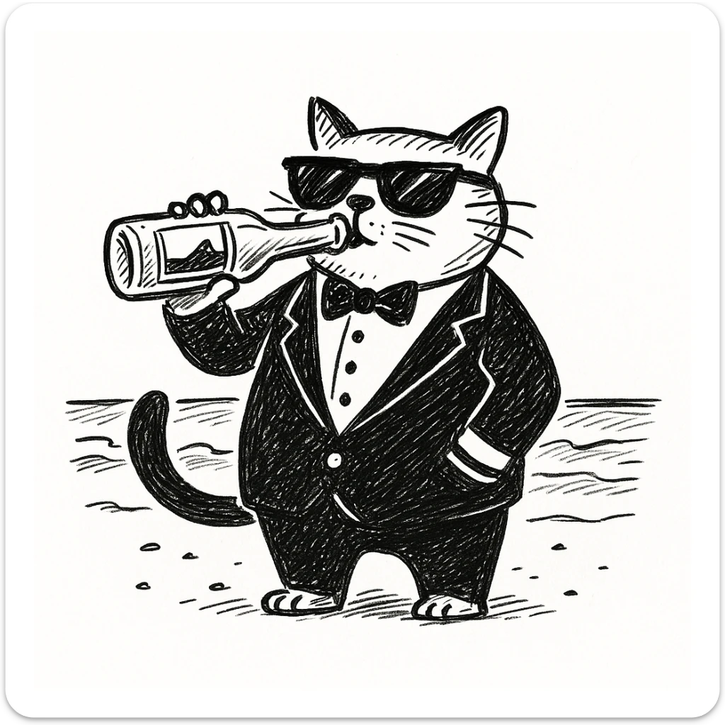 Add sunglasses to the cat in a tuxedo drinking beer on the beach in doodle style, hand drawn and sketchy with playful lines and details. sticker