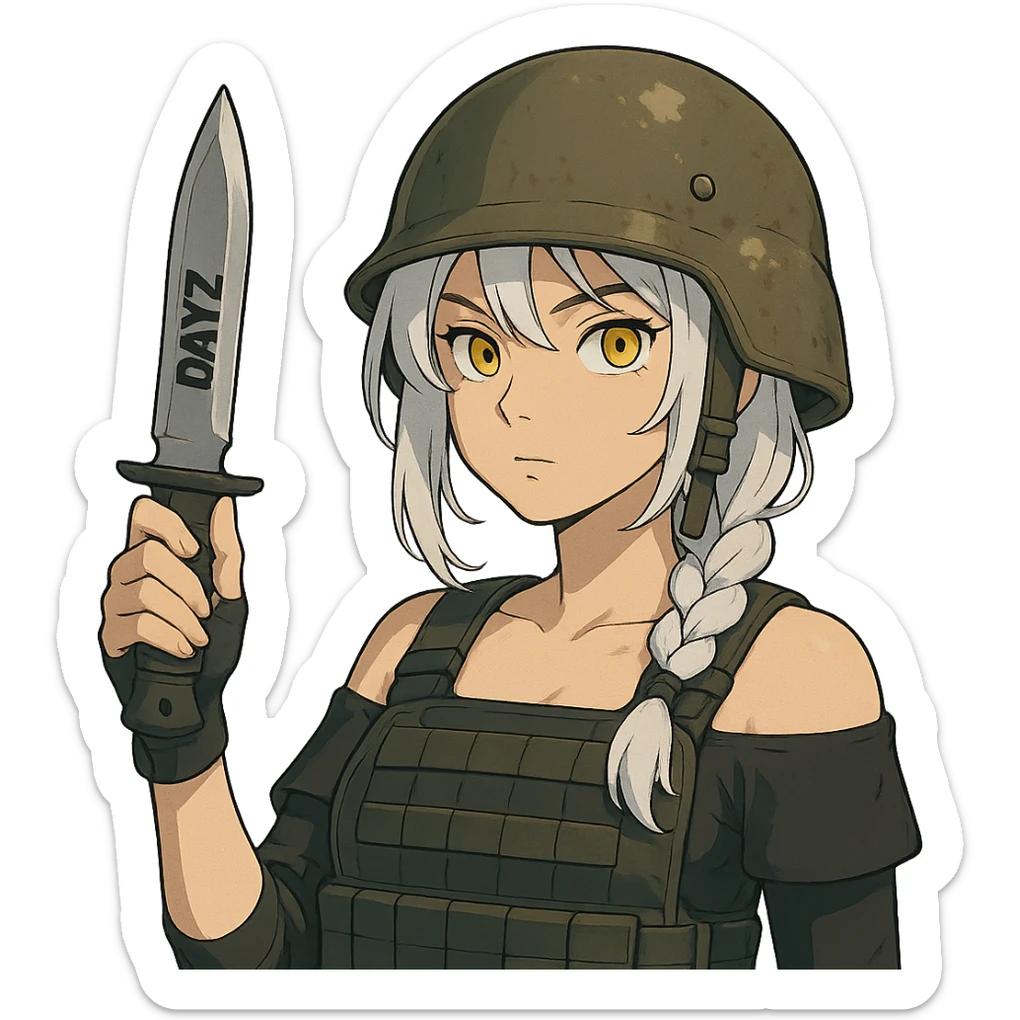  a closeup portrait of young woman with gold yellow eyes, white hair, long braid, black off-shoulder top d-cup, punk gothic style, futuristic cyberwave cyberpunk,  she has a plate carrier armor vest , and a old-style steel bulletproof combat helmet.  holding up a DAYZ combat knife sticker