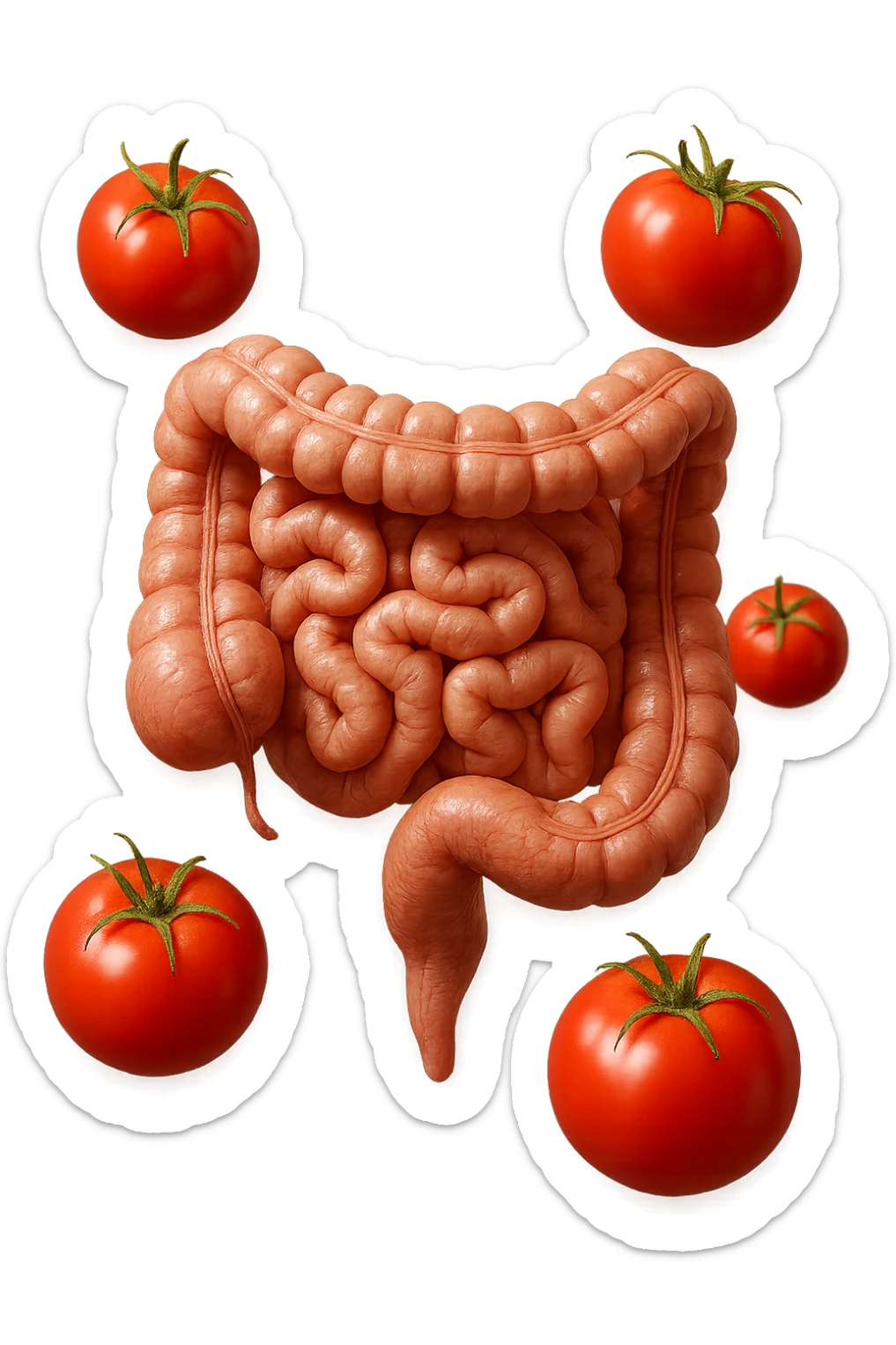 intestino umano anatomico con pomodori che gli fluttuano intorno, iperrealistico 4k sticker