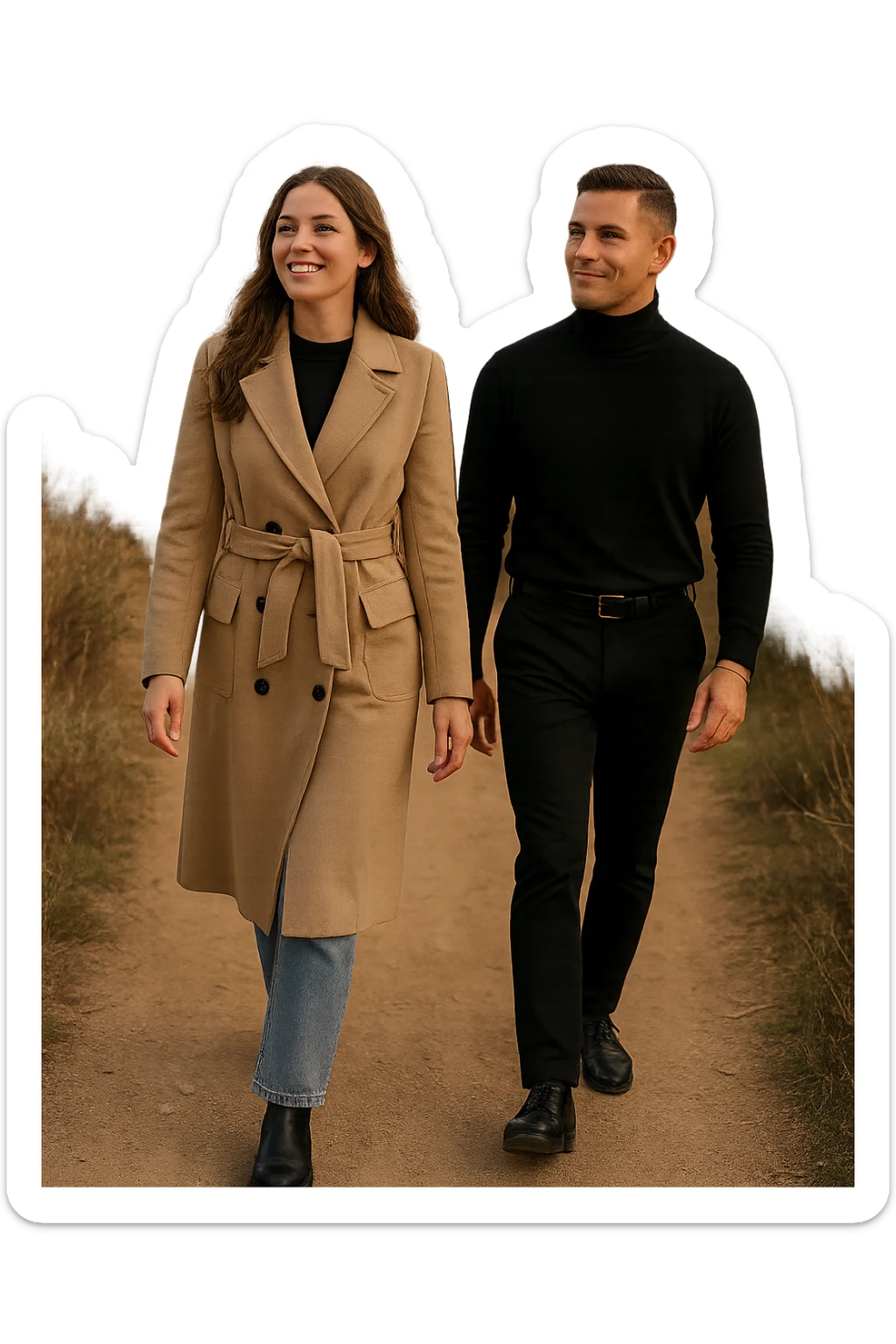a man and a woman walk together along a winding path in a natural landscape. In one version, the woman leads confidently while the man follows a few steps behind, looking at lei con ammirazione. In un’altra versione, i ruoli sono invertiti, con l’uomo che guida e la donna che lo segue sorridendo. La scena trasmette l’idea che entrambi possano guidare o seguire, a seconda del momento. sticker