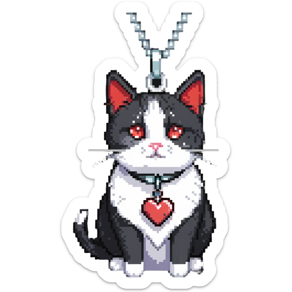 tuxedo cat with red leash and heart pendant, white fur only on mouth, small diamond spot above nose sticker