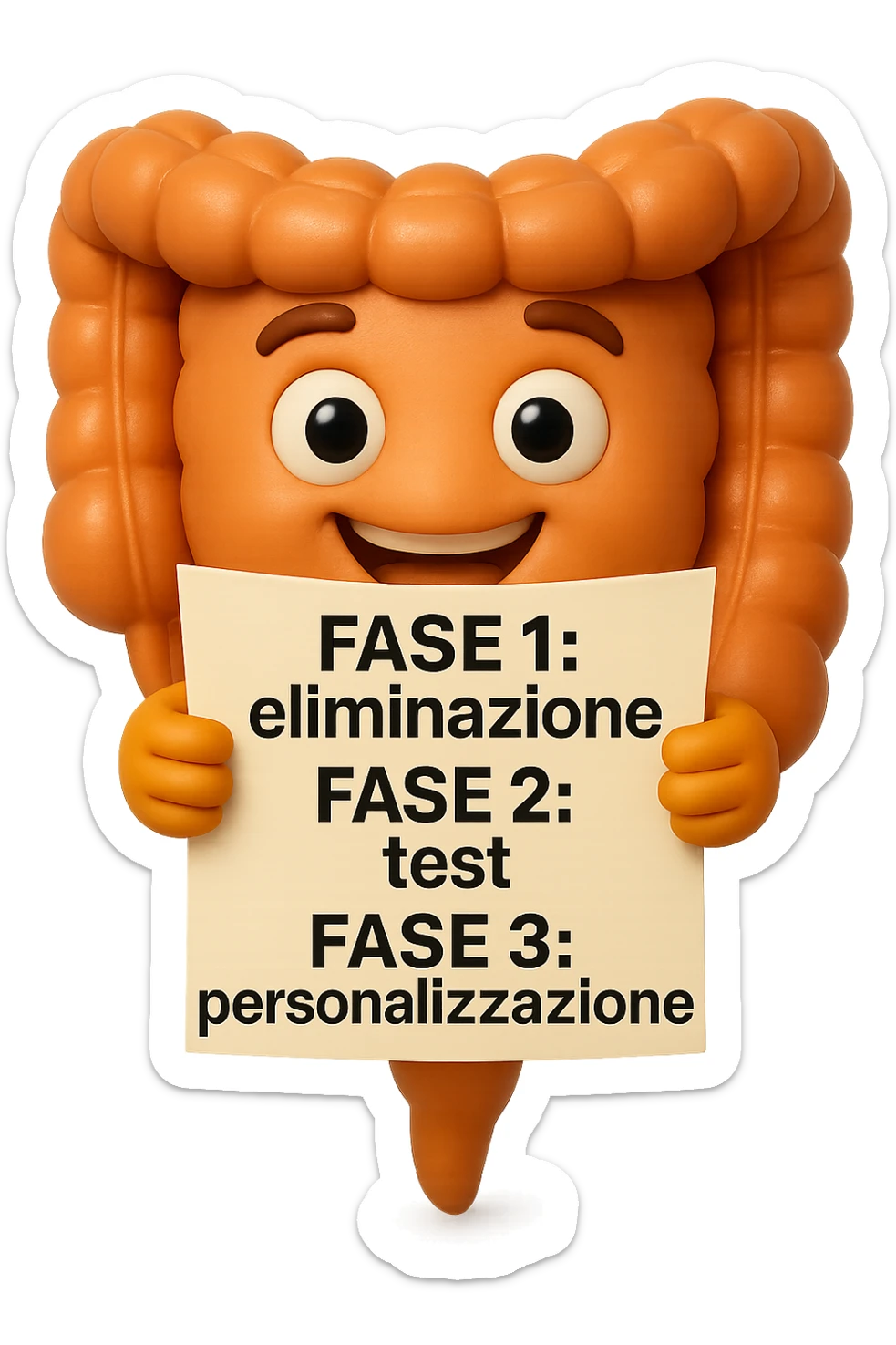 emoji stile iphone 3d di un intestino che tiene in mano un foglio con la scritta "FASE 1: eliminazione, FASE 2: test, FASE 3: personalizzazione, IPERREALISTICO 4K sticker