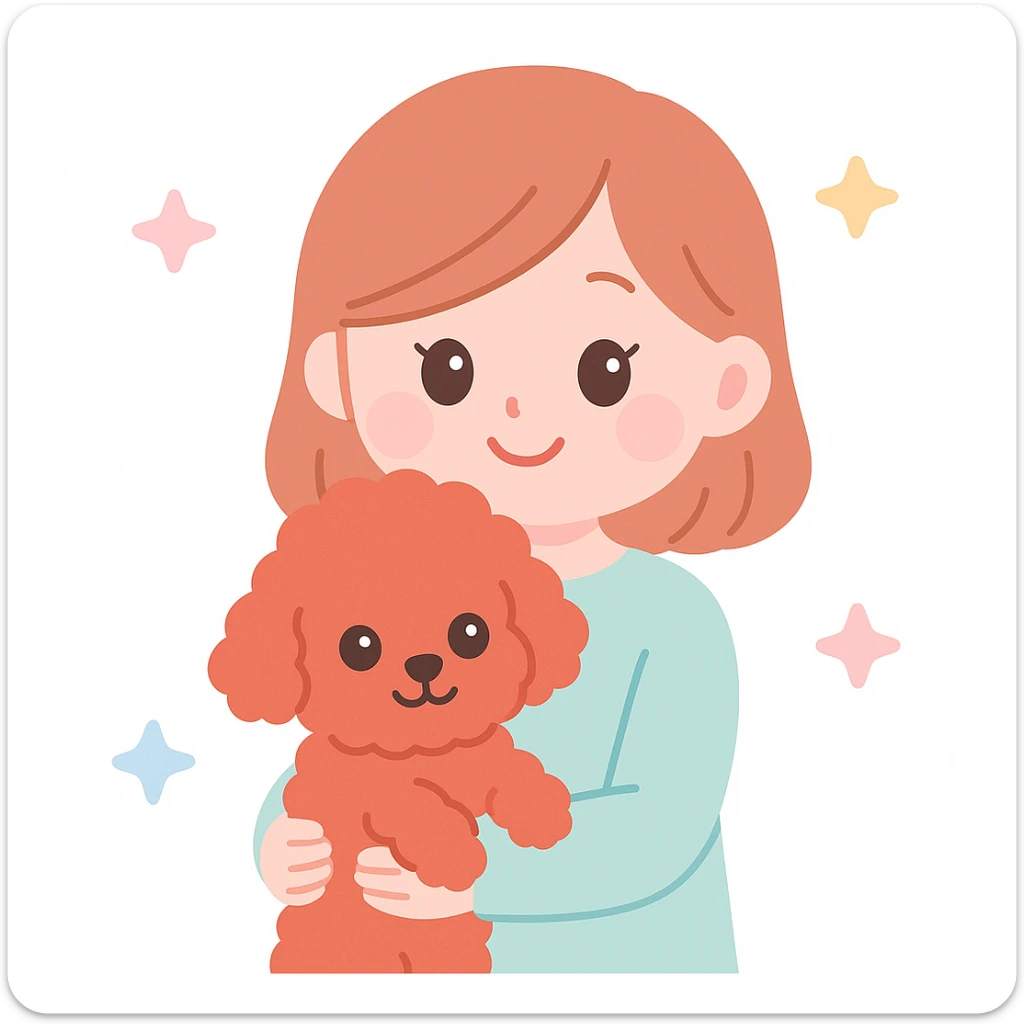a smiling woman with a fluffy red toy poodle, warm and inviting, gentle color palette, clean background sticker