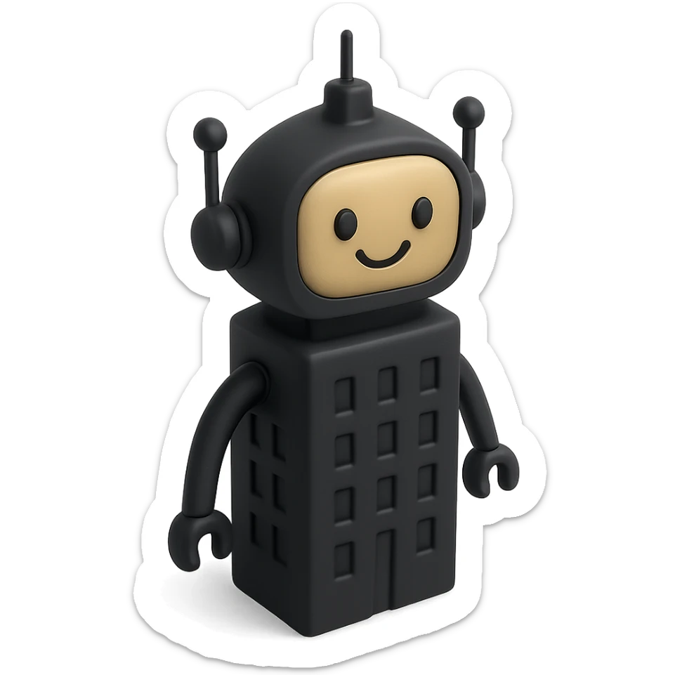 a smiling robot with a skyscraper-like body sticker