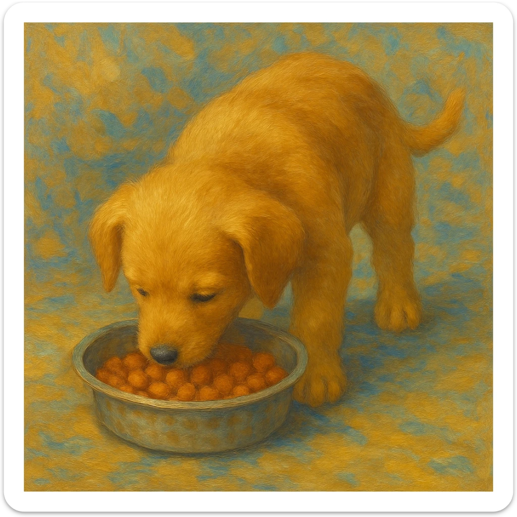 Make the dog a cute puppy eating dog food, keep the same style as the original image. sticker