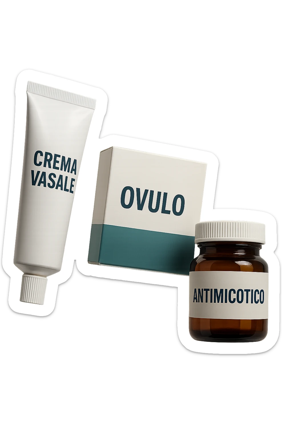 un tubetto di crema con la scritta "crema va**ale", una scatola con farmaco con la scritta "ovulo", un barattolo di farmaco con la scritta "antimicotico" in italiano sulle etichette, fluttuano in aria, IPERREALISTICO 4K sticker