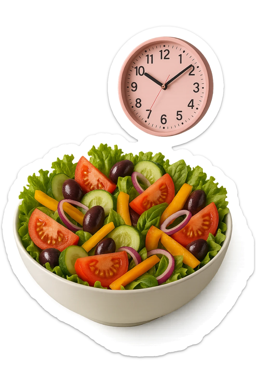 bowl con insalatona e orologio da muro rosa che le fluttua dietro che simboleggia una cena fatta in ritardo iperrealistici sticker