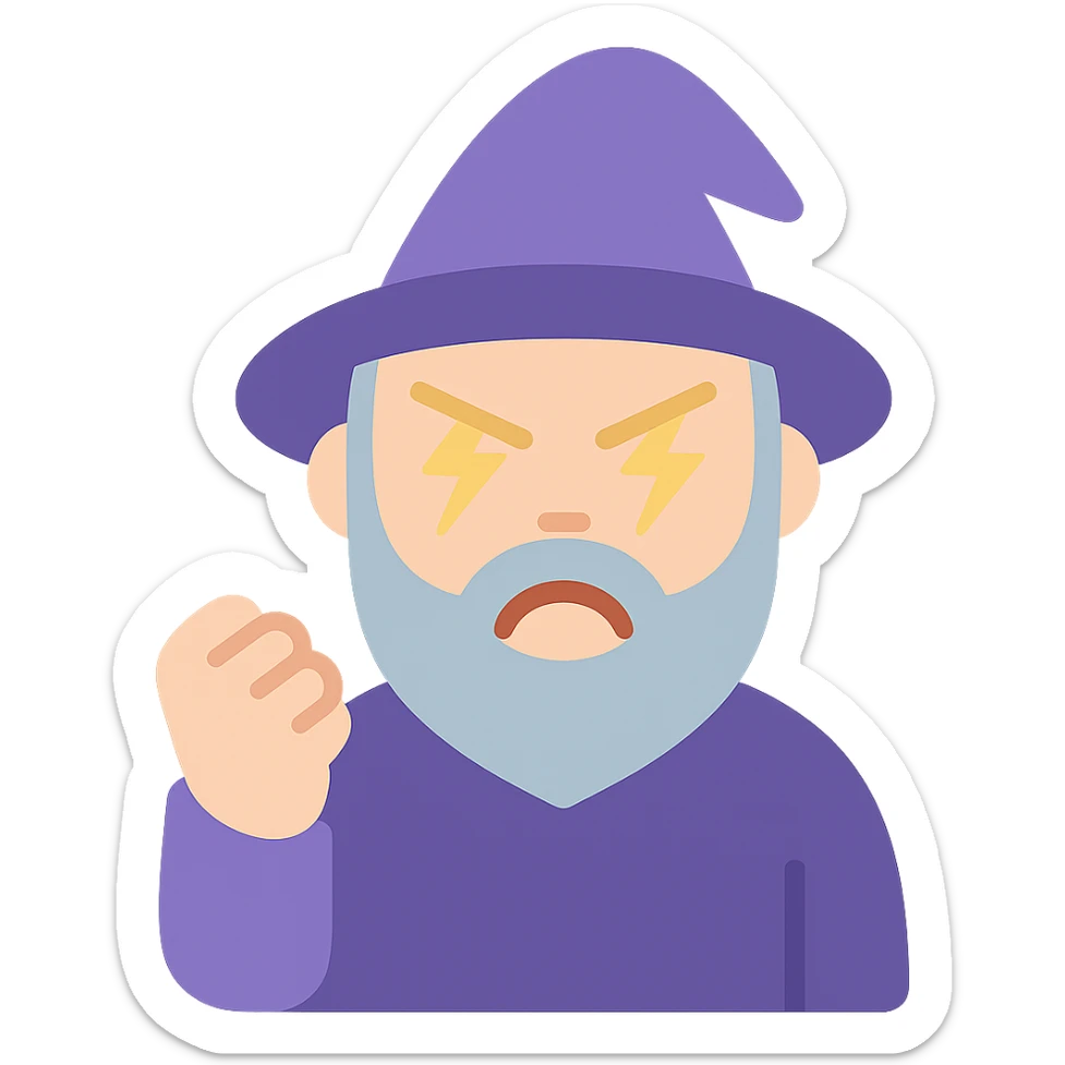 angry wizard with lightning eyes and a balled up fist sticker