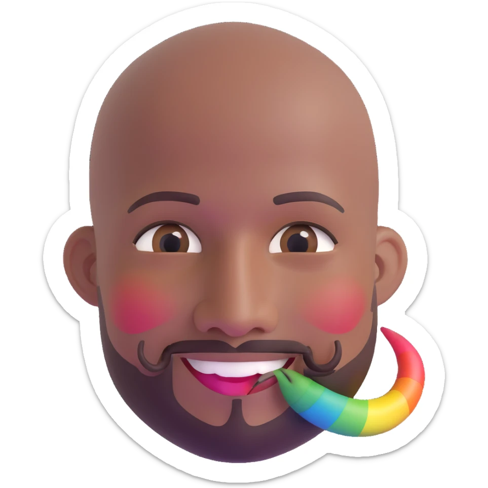 Oxumarê as a smiling 37-year-old bald man with very dark skin (2 shades darker), smooth oval head, indigenous facial features, mustache with circular beard only on chin (no hair on sides), a round mole on the right side below the lip, and a rainbow serpent wrapped around him, Memoji style sticker