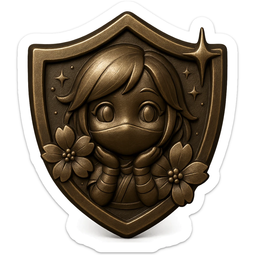Replace the shuriken in the center of the badge with the chibi ninja girl's face from the reference image. Keep the badge's gold color, sakura flowers, sparkly effects, and overall anime style. Transparent background, sized for Twitch or Discord use. This is for the bronze to plat rank series. sticker