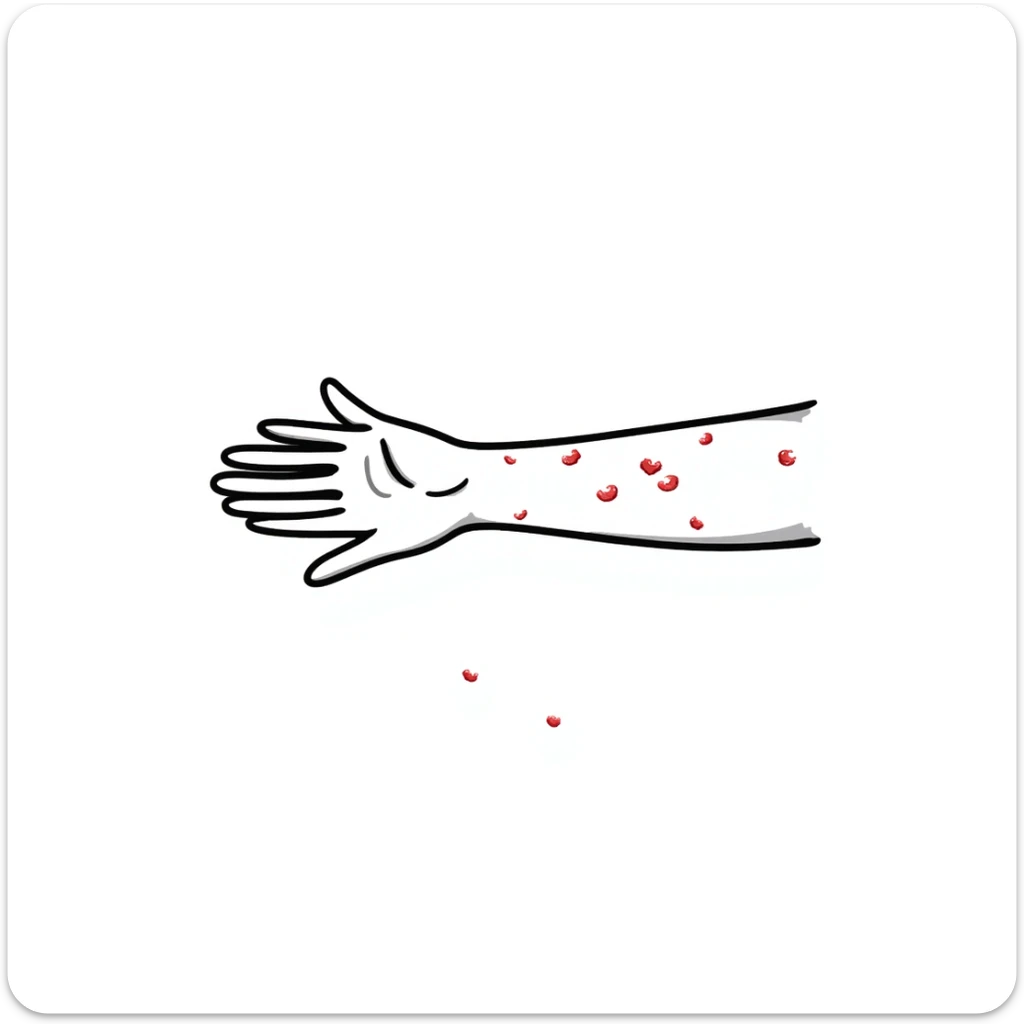 Detailed drawing of arm showing allergy skin prick test on forearm with small red welts, hand with all 5 fingers visible sticker
