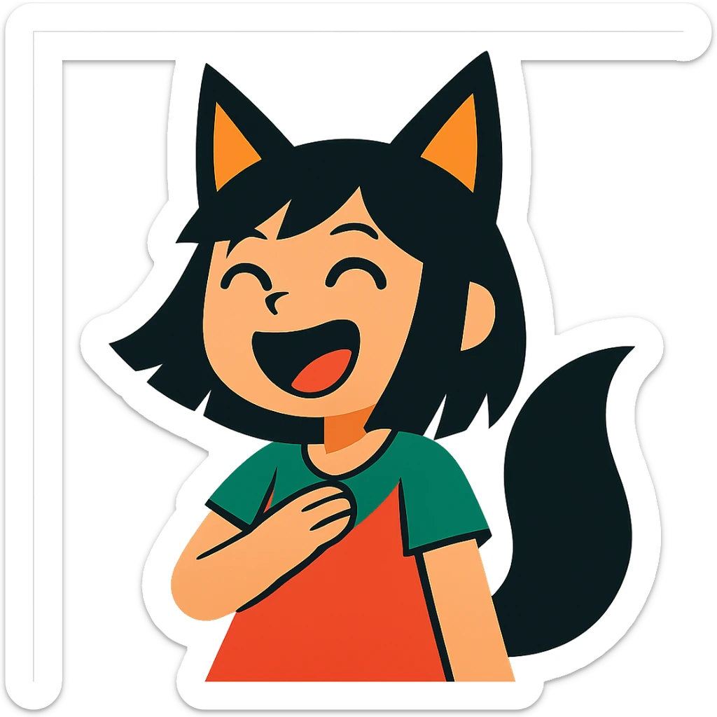 A girl with black fox ears and a tail, green eyes, dark hair, laughing sticker
