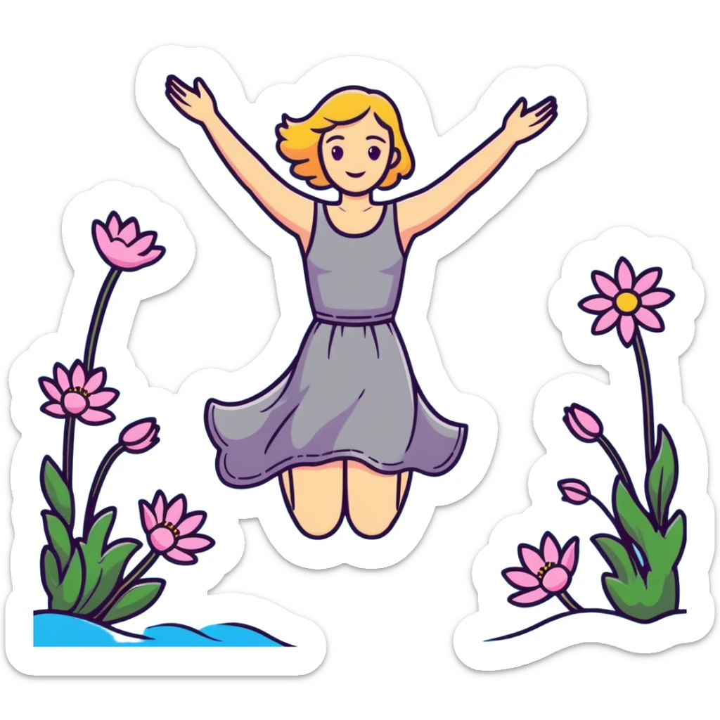 Ophelia floating in water surrounded by flowers, woman in dress with arms outstretched, based on the famous painting by John Everett Millais sticker