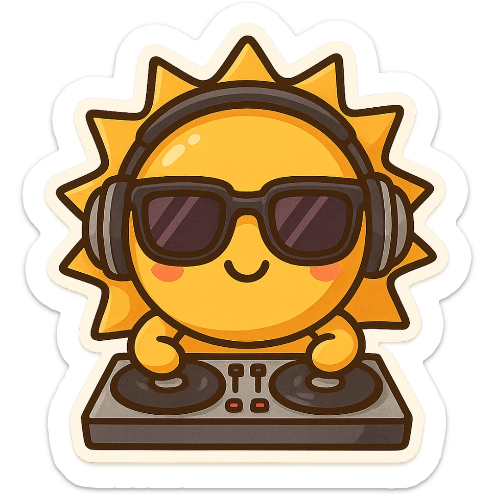 A smiling sun with headphones and DJ turntables, wearing stylish sunglasses, chibi stickers style, energetic and playful sticker