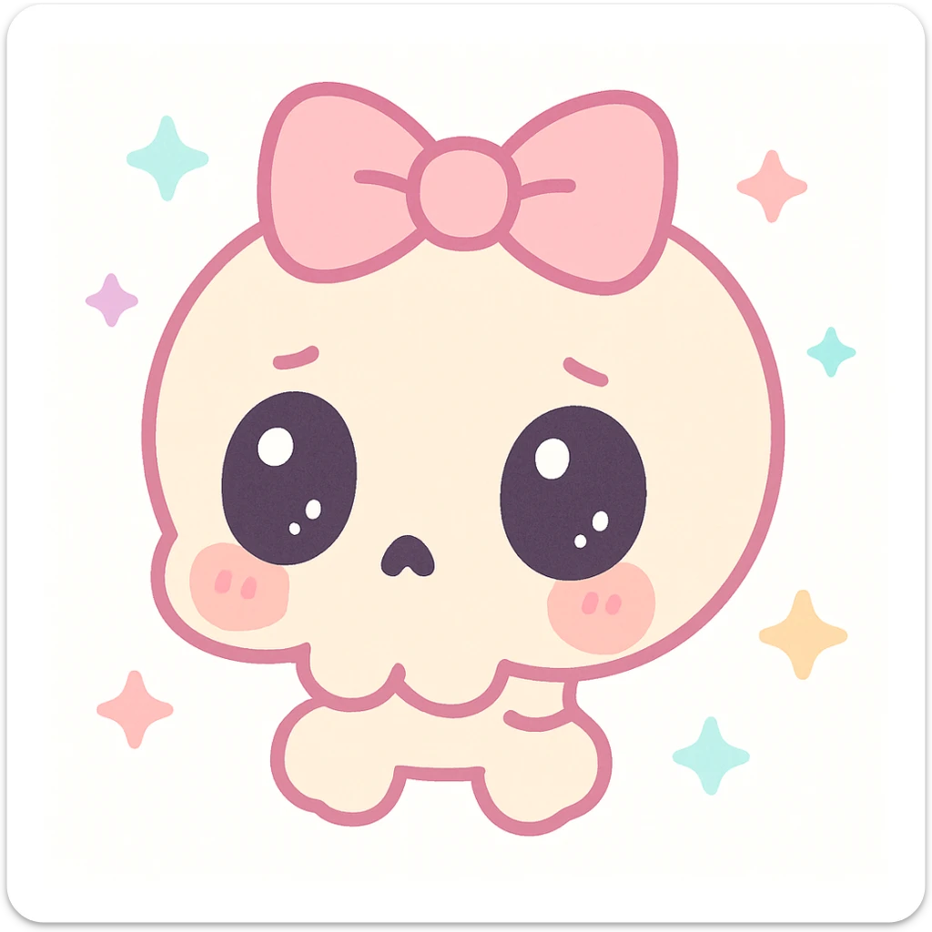 a shy skull with a pink bow, kawaii style, cute and sweet, pastel colors, big eyes, blushing cheeks sticker