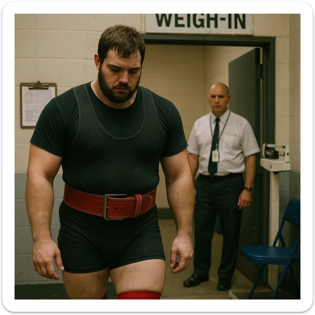 realistic powerlifter in competition clothing, leaving weigh-in room with slow steps, downcast look, official in background, atmosphere of exclusion, detailed, weigh-in area background sticker