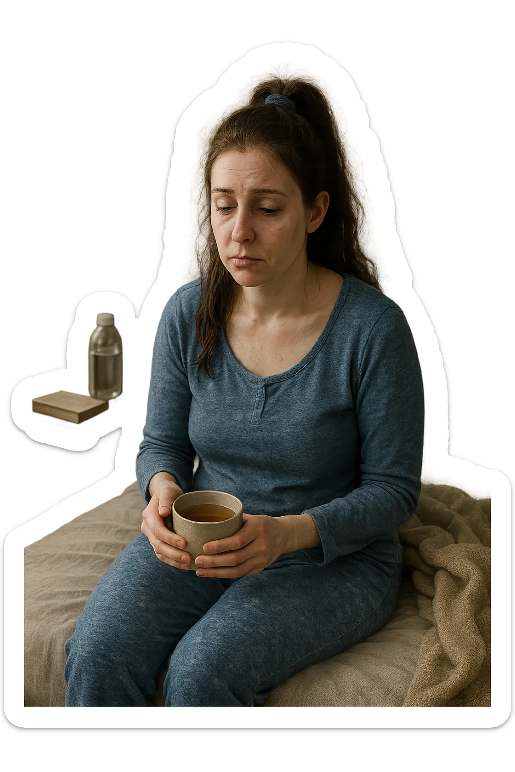 A realistic, cinematic illustration of a woman in her early 30s with a tired, pale appearance, sitting on the edge of her bed in a softly lit bedroom during the morning, looking exhausted and drained. Her posture is slightly slouched, and dark circles are visible under her eyes. She wears comfortable loungewear, holding a warm cup of herbal tea in her hands, seeking comfort. The scene includes a cozy yet slightly messy room with a blanket, a water bottle, and a book on the nightstand, emphasizing chronic fatigue. Soft natural light comes through the window, highlighting her expression of persistent tiredness despite rest, capturing the invisible struggle of chronic fatigue syndrome while maintaining dignity and a gentle aesthetic. sticker