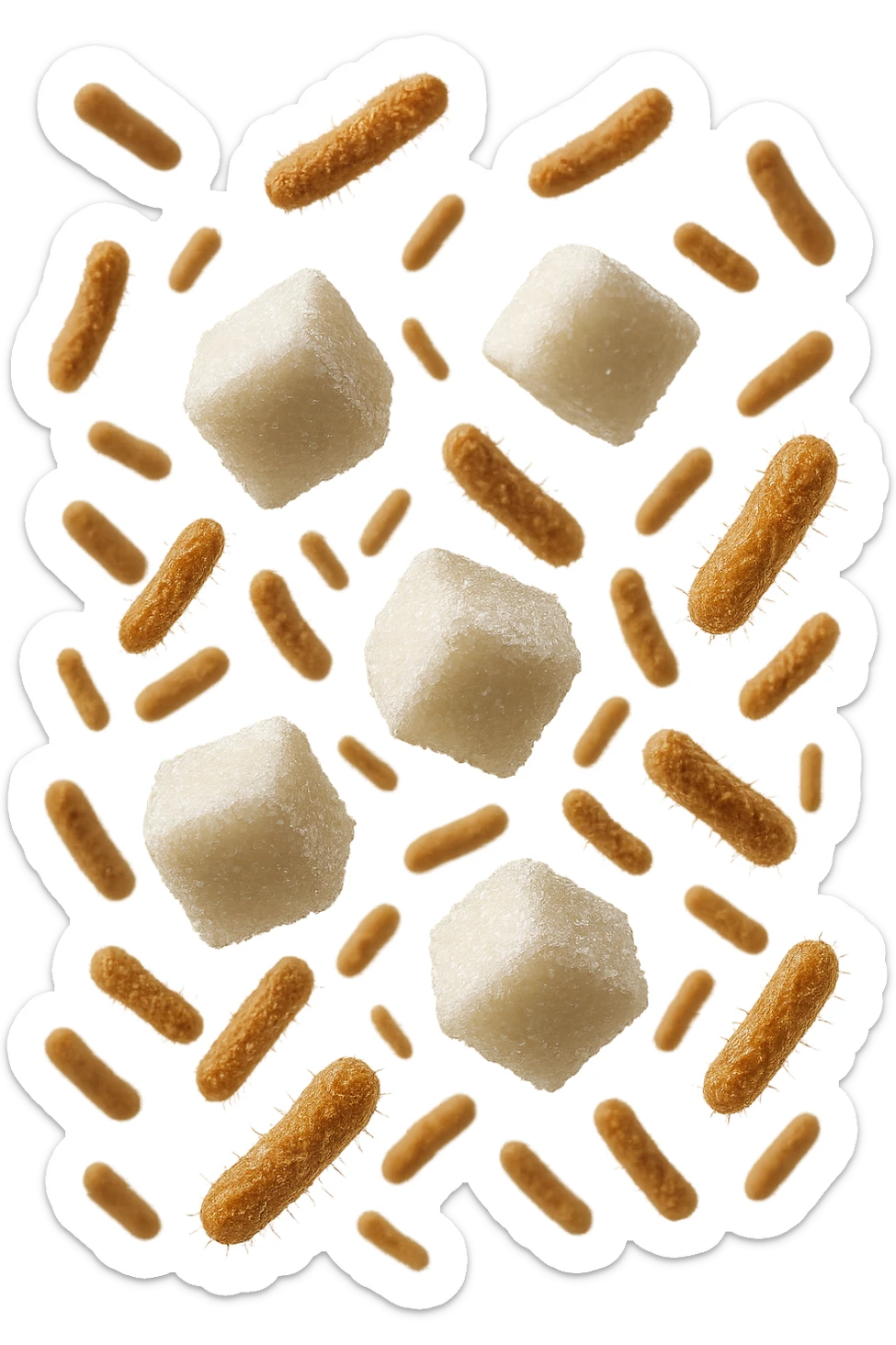 ZOLLETTE DI ZUCCHERO FLUTTUANO IN ARIA INSIEME A BATTERI INTESTINALI REALISTICI
IPERREALISTICO 4K, SFONDO BIANCO sticker