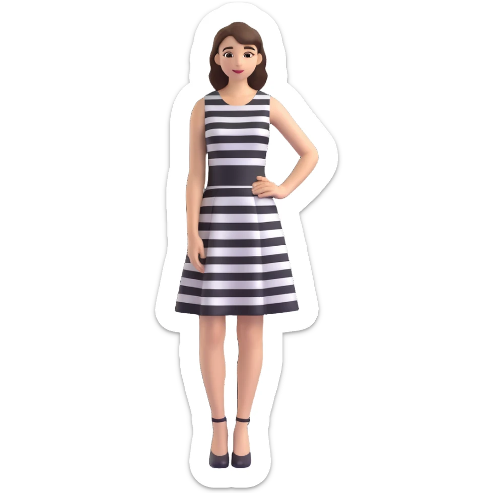 cute 3D cartoon emoji of a sleeveless dress with horizontal black and white stripes, A-line skirt, minimal flat shape, isolated on transparent background, soft lighting sticker