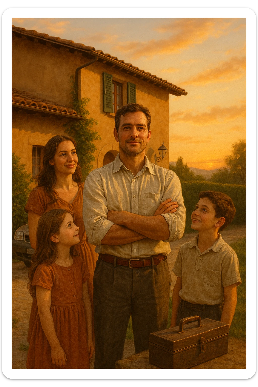 Uomo tra i 35 e i 45 anni, in piedi con postura fiera davanti alla sua casa, circondato dalla famiglia: moglie e figli lo guardano con rispetto e affetto. Indossa abiti semplici ma ordinati, simbolo di lavoro e stabilità (camicia, pantaloni, magari una cassetta degli attrezzi o una valigetta vicino). Sullo sfondo elementi che richiamano i suoi ruoli: casa ordinata, auto familiare, strumenti di lavoro, simboli di protezione e presenza. Espressione serena, forte ma accogliente. Colori caldi, luce naturale del tramonto. Stile realistico, atmosfera rassicurante e simbolica in italia, immagine realistica sticker