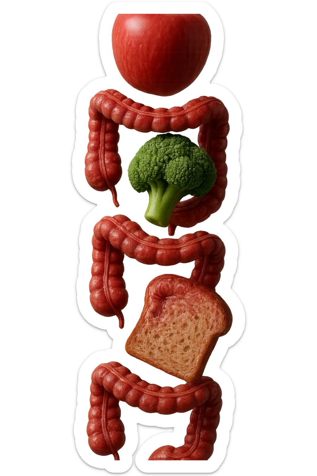 emoji stile iphone in 3d di cibo sano che fluttua in aria vericalmente insieme ùa pezzi di colon umano anatomico, iperrealistico 4k sticker